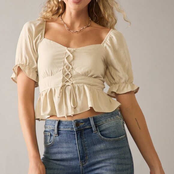 Lace Up Front Short Sleeve Blouse Top - Picture 4 of 4